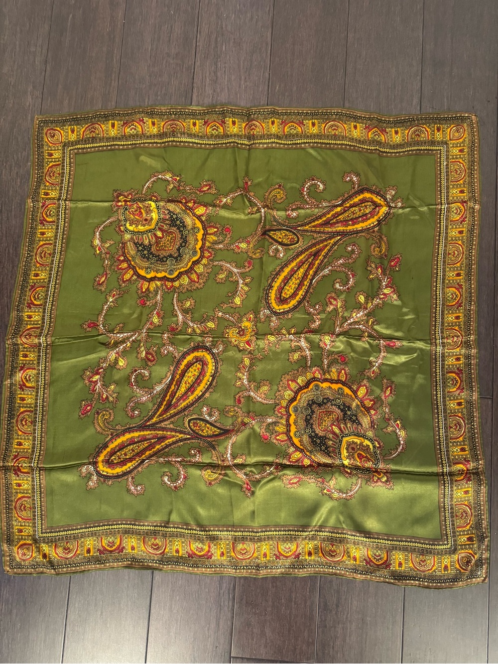 Vintage Olive Green Paisley Silk Scarf